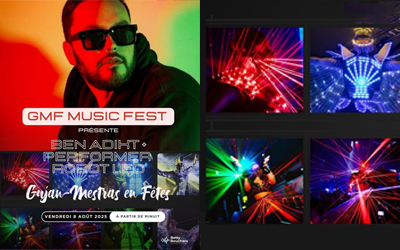 L'image montre une performance immersive alliant musique électronique et arts visuels. Au premier plan, le DJ Ben Adikt est entouré de robots lumineux LED animant la scène avec des projections et des jeux de lumière. L'atmosphère est futuriste, avec des néons et des effets visuels créant une ambiance galactique. Cette performance s'inscrit dans une tendance croissante des événements alliant musique et technologie pour offrir une expérience sensorielle unique.