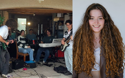 L'image est séparée en 2 parties. À gauche on voit un petit groupe de 5 jeunes musiciens chez eux, dans un garage. Ils jouent de leurs instruments dans une ambiance détendue, entourés de meubles et de décorations simples. L’atmosphère est conviviale et intimiste. À droite une jeune femme souriante, Mélissa. Avec une expression confiante et pleine d’énergie. L’arrière-plan est flou, mettant Mélissa bien en valeur au centre de l’image.